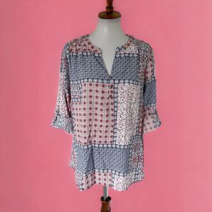 Kim Rogers Petite Tunic Blouse Top Shirt 3/4 Sleeve Roll Tab Rayon Geometric